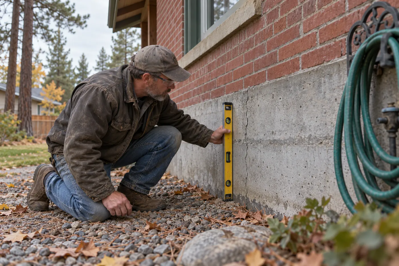Illustrative scene of a tradesperson checking an older home concrete foundation with a spirit level.